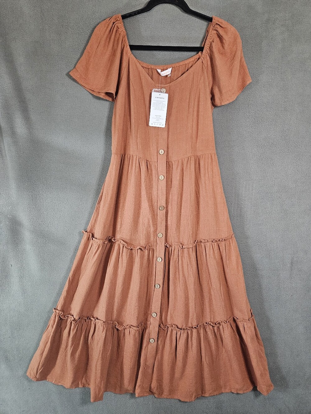 karundo Maxi dress Rust Teir Linen Blend Buttons Milk Maid Cottagecore Small NWT
